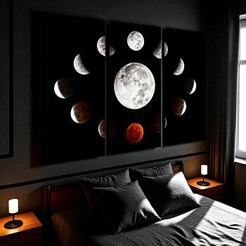 Модульна картина Фази місяця Планети Місяць Друк на полотні  90х60 з 3-хчастей