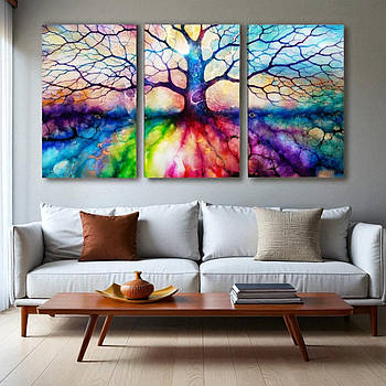 Модульна картина Абстракція Дерево Яскраві фарби Друк на полотні 120х60 з 3-х частин
