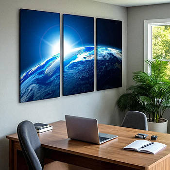 Модульна картина в офіс Вид на Землю з космосу Планета Космос Друк на полотні 90х60 із 3-х частин