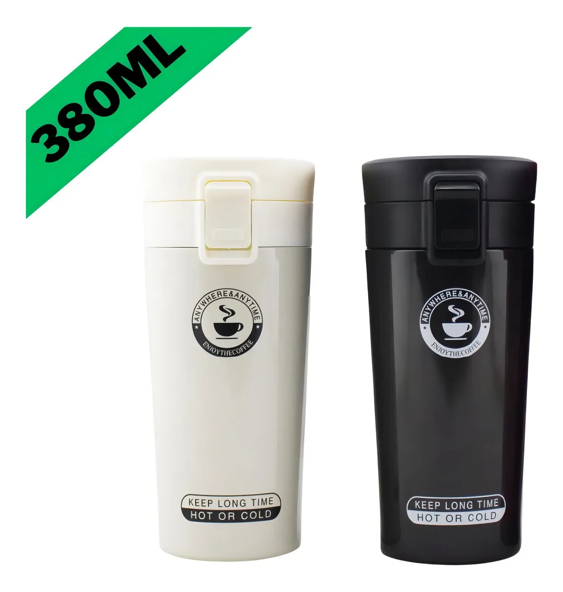 Кавова кружка об'ємом 380 мл з кришкою та кнопкою блокування, чорна, фото 1