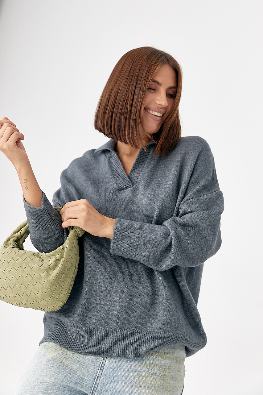 В'язаний однотонний светр-поло — темно-сірий колір, ONE SIZE (є розміри), фото 1