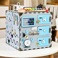 Бизикуб серый 30х30х30 деревянный Бизиборд для детей мальчика Игрушка для развития моторики ребенка Монтессори