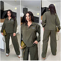 Женский спортивный костюм с вельвета кофта и прямые широкие брюки с карманами р-44-60 цвет хаки