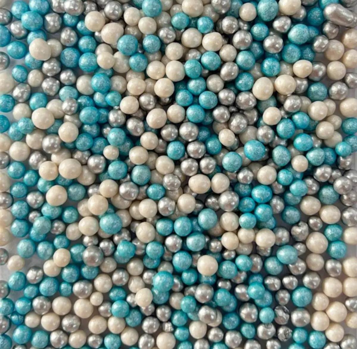 Посипка рисові кульки глазуровані мІкс "Блакитні-білі-срібні" D=5 мм 100 г, фото 1