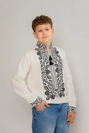 Підліткова вишиванка для хлопця біла з чорною вишивкою льон довгий рукав сучасний стиль розміри 158 164, фото 1