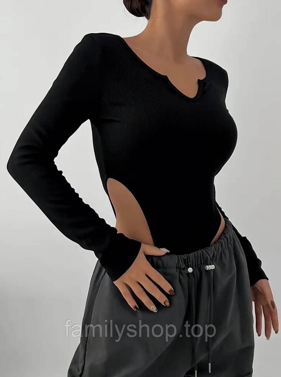 Гарне жіноче боді з вирізами з боків на кнопках мікродайвінг із довгим рукавом, чорне, розмір 42/46, фото 1