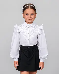 Блузка для дівчаток біла з мереживом розміри 128, 134 ZIRONKA