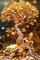 Діамантова вишивка. Картина на підрамнику Черепахи під грошовим деревом, 40х60см, круглі стрази