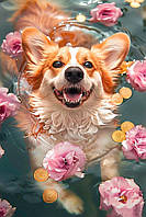Діамантова вишивка. Картина на підрамнику "Собачка коргі", 40х60см, круглі стразы