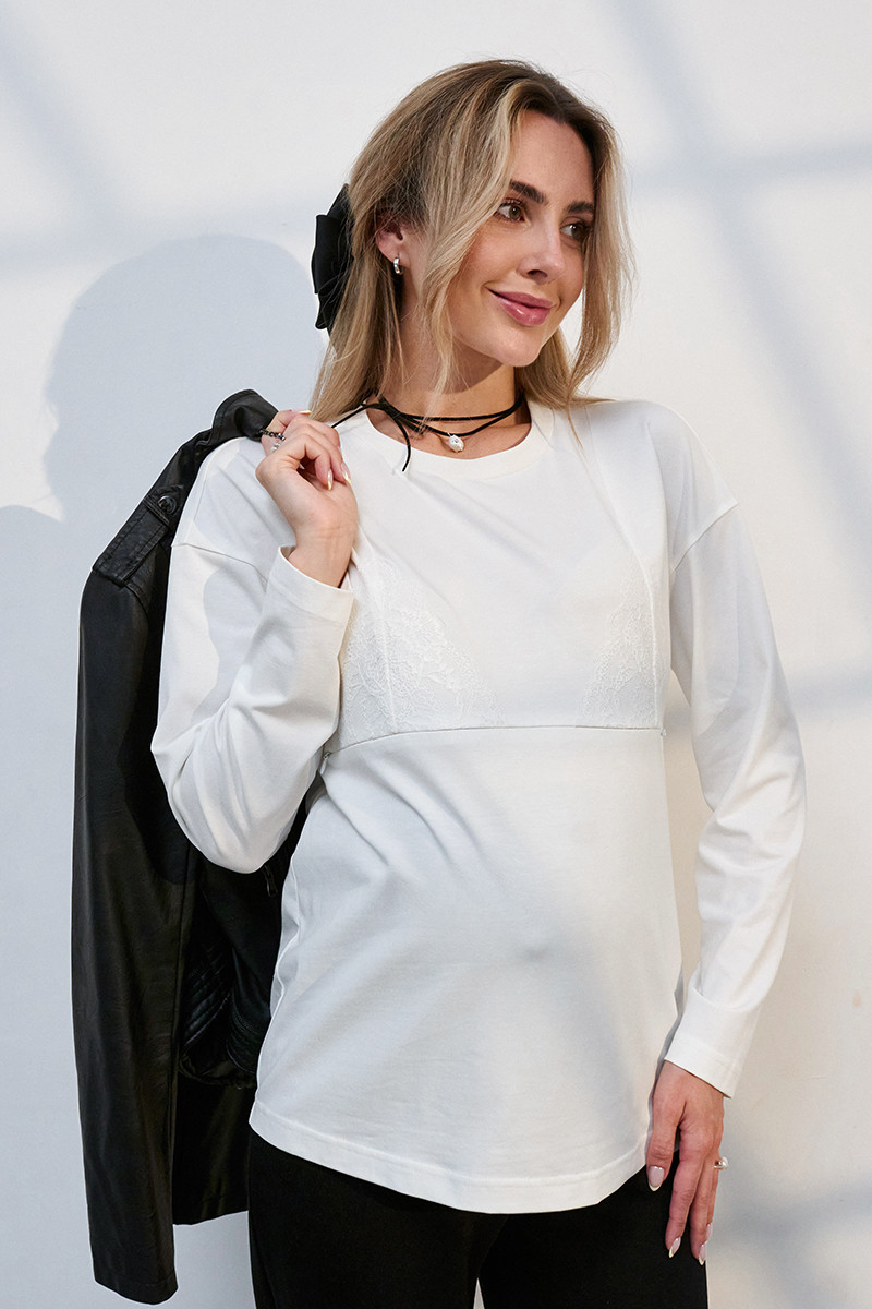 Стильний лонгслів для вагітних та годуючих молочний з бавовняного трикотажу S, фото 1