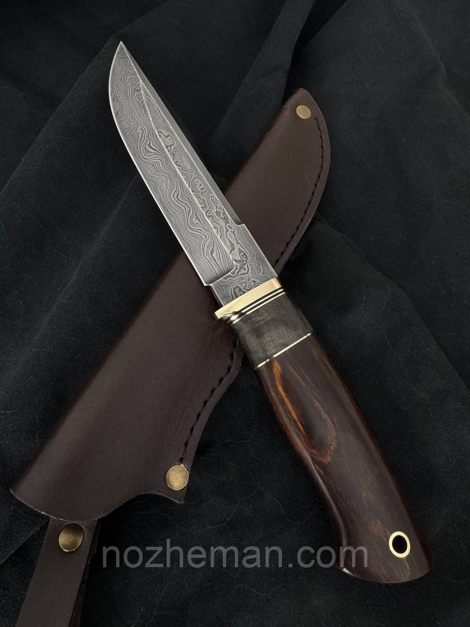 Ніж ручної роботи Новатор з клинком із дамаської сталі 60 HRC, у комплекті зі шкіряним чохлом, фото 1