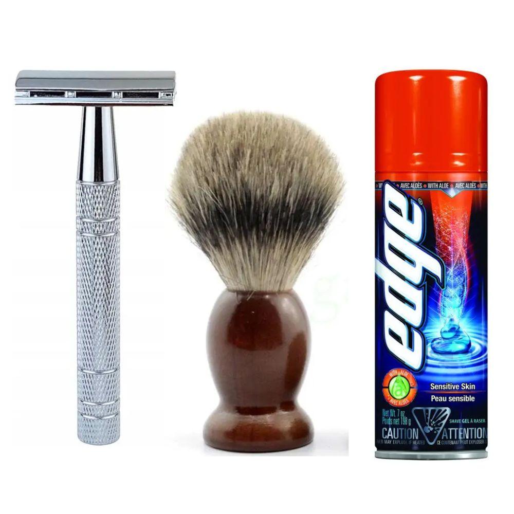 Класична Т-подібна бритва+10 лез + помазок з дерева Shima з ворсом борсука + гель для гоління Wilkinson Sword EDGE Sensitive, фото 1