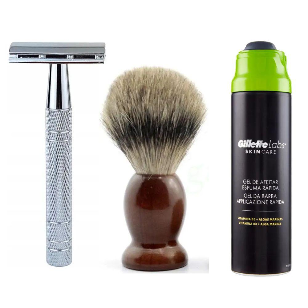 Класична Т-подібна бритва+10 лез + помазок Shima з ворсом борсука + гель для гоління Gillette Labs Gel 198 мл, фото 1