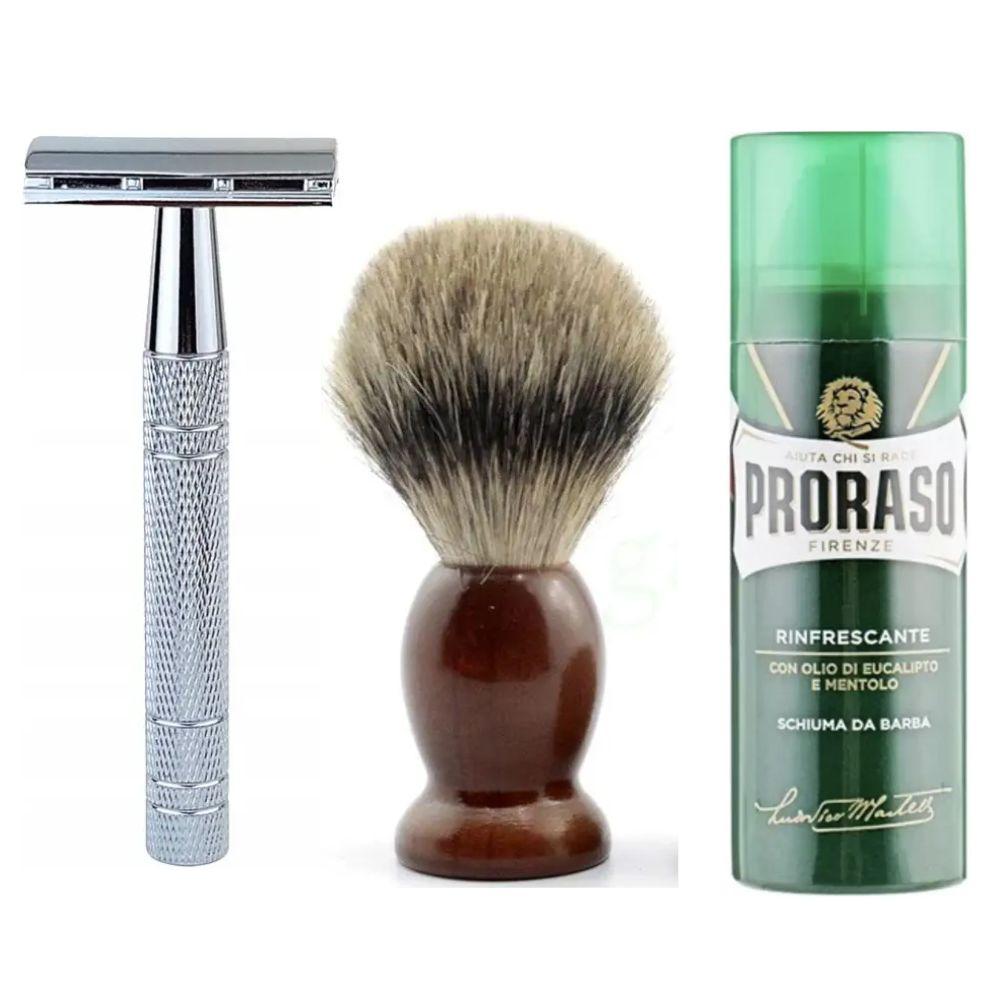 Класична Т-подібна бритва+10 лез + помазок Shima з ворсом борсука + піна для гоління Proraso тонізуюча з евкаліптом і ментолом, фото 1