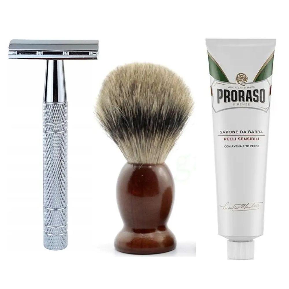 Класична Т-подібна бритва+10 лез + помазок Shima борсук + крем для гоління Proraso для чутливої шкіри з екстрактом зеленого чаю, фото 1