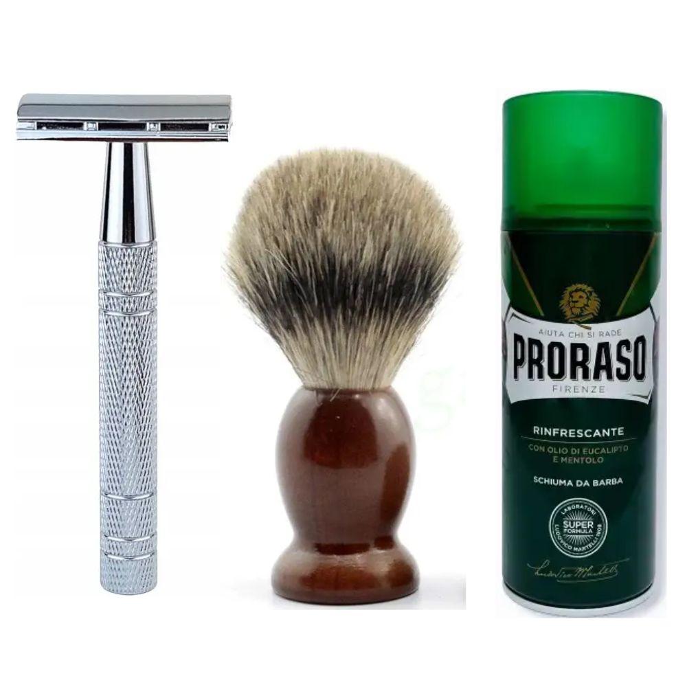 Класична Т-подібна бритва+10 лез + помазок Shima борсук + піна для гоління Proraso тонізуюча з евкаліптом і ментолом 400 мл, фото 1