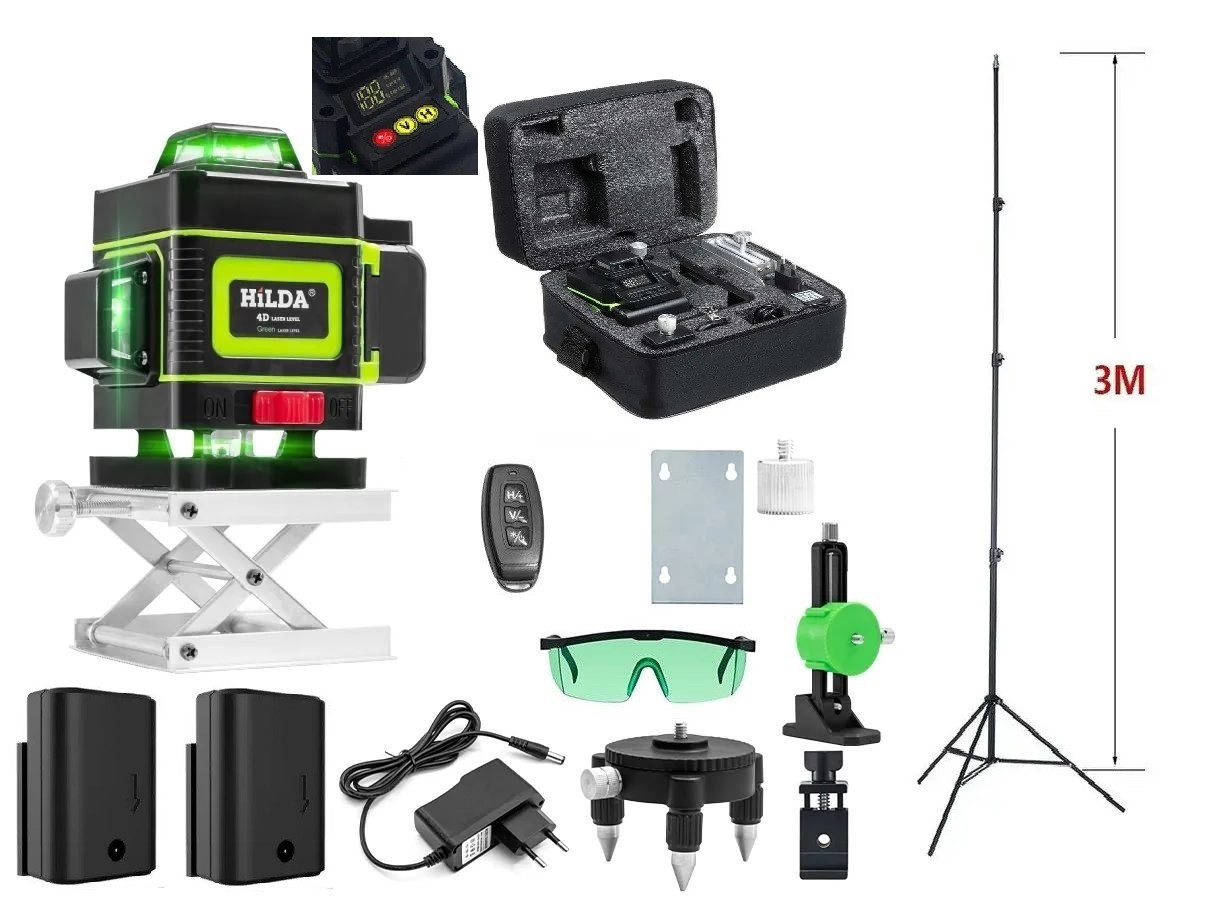 Версія 2026г Hilda 4D з екраном і Bluetooth Лазерний рівень нівелір + штатив 3 м, фото 1