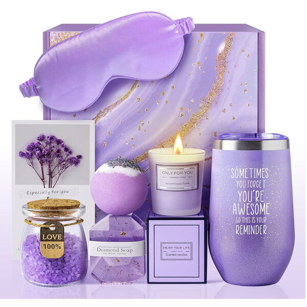 Подарунковий набір для жінок дівчат 6в1 термочашка свічка мило сіль бомбочка для ванни Фіолетовий (60837), фото 1