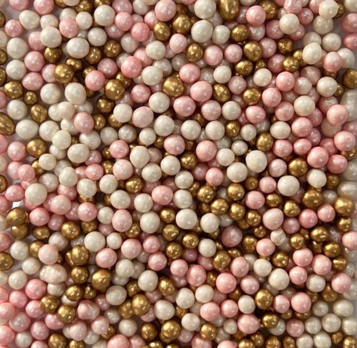 Посипка рисові кульки глазуровані мікс "Рожеві-білі-золоті" D=5 мм 100г, фото 1