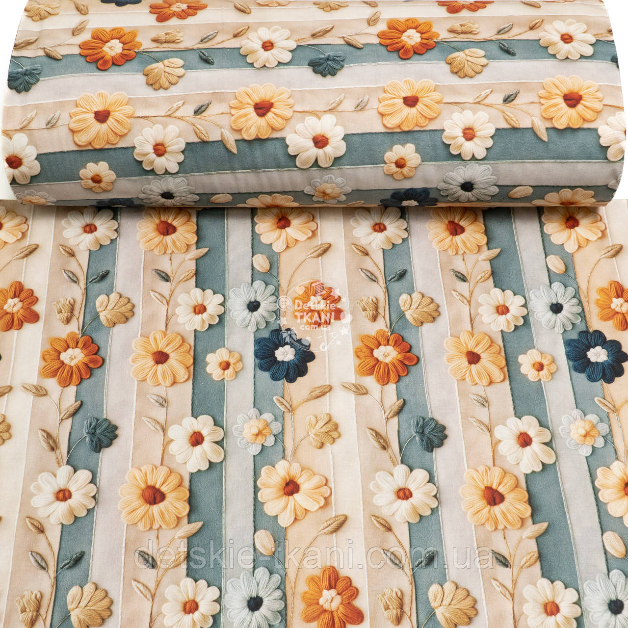 Ранфорс digital з цифровим друком 5D "Вишиті квіти на смужках", №5730, фото 1