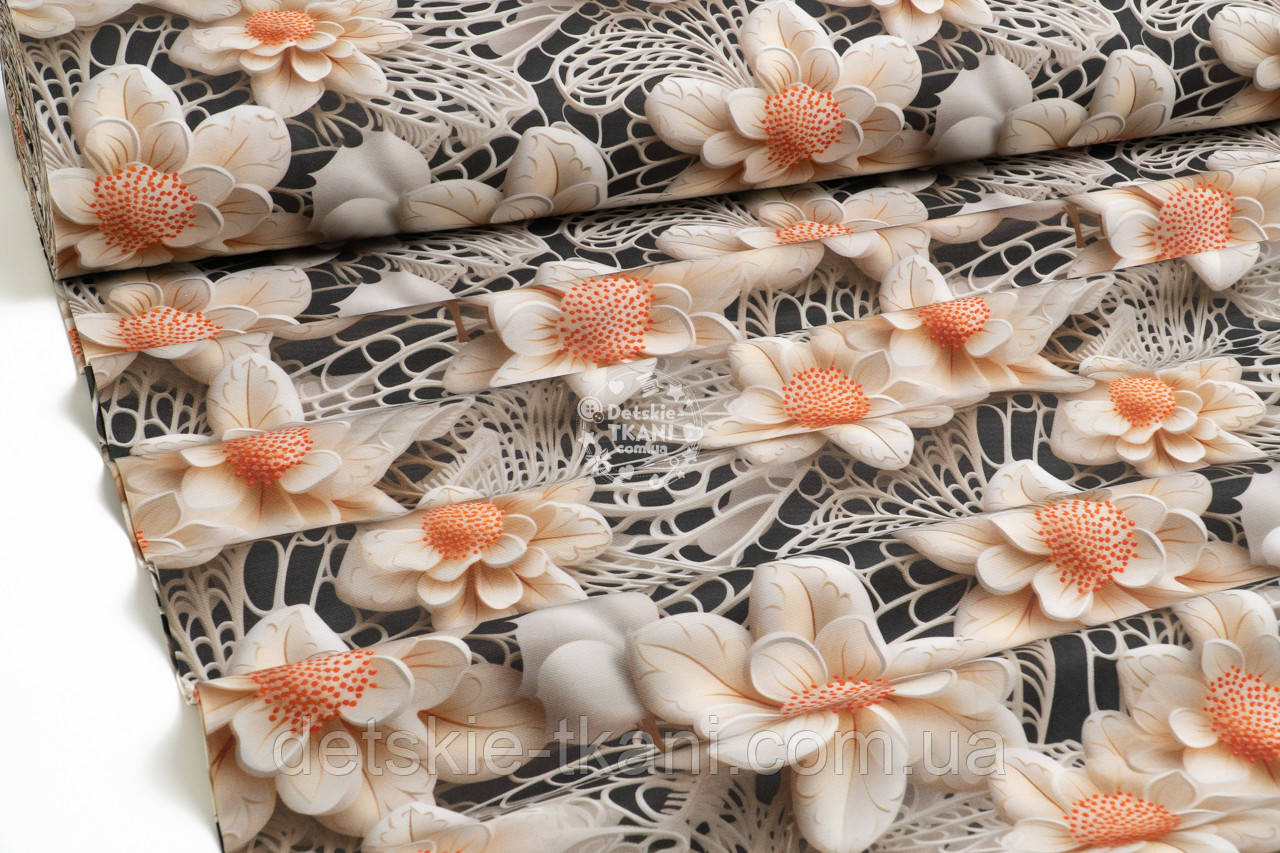 Тканина Duck digital "Блідо-бежеві квіти з мереживним візурунком", фото 1