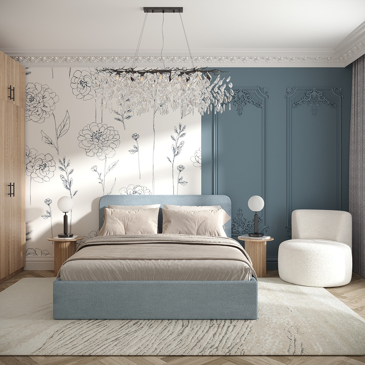 Двоспальне ліжко Хюгге з м'якою обивкою 900х1672х2076 мм Блакитний, фото 1