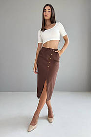 Спідниця жіноча класична пряма з розрізом спереду 44-50 разміри коричнева