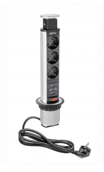 Подовжувач GTV d-60 3 розетки SCHUKO 2xUSB проовід 1,5м Сірий, фото 1