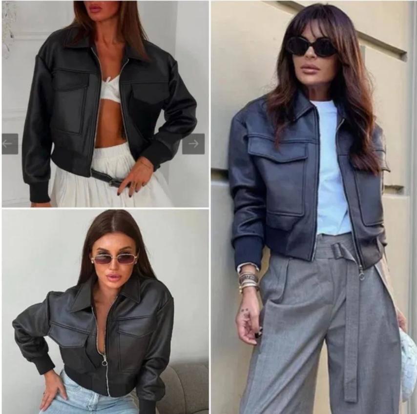 Жіночий бомбер чорний вінтажний із накладними кишенями та відкладним коміром, фото 1