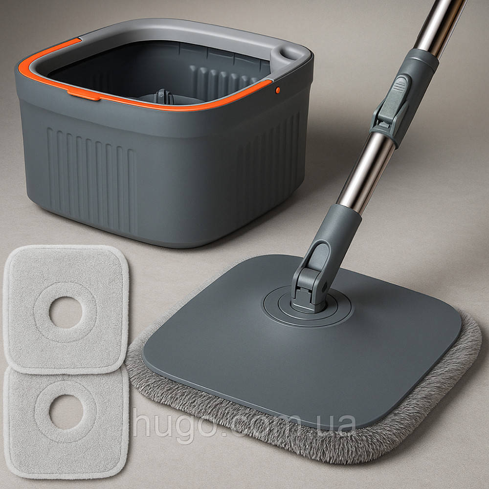 Швабра з безконтактним віджимом і відром 5,8л + 2 насадки, Сіра / Швабра ледарка для миття підлоги, фото 1