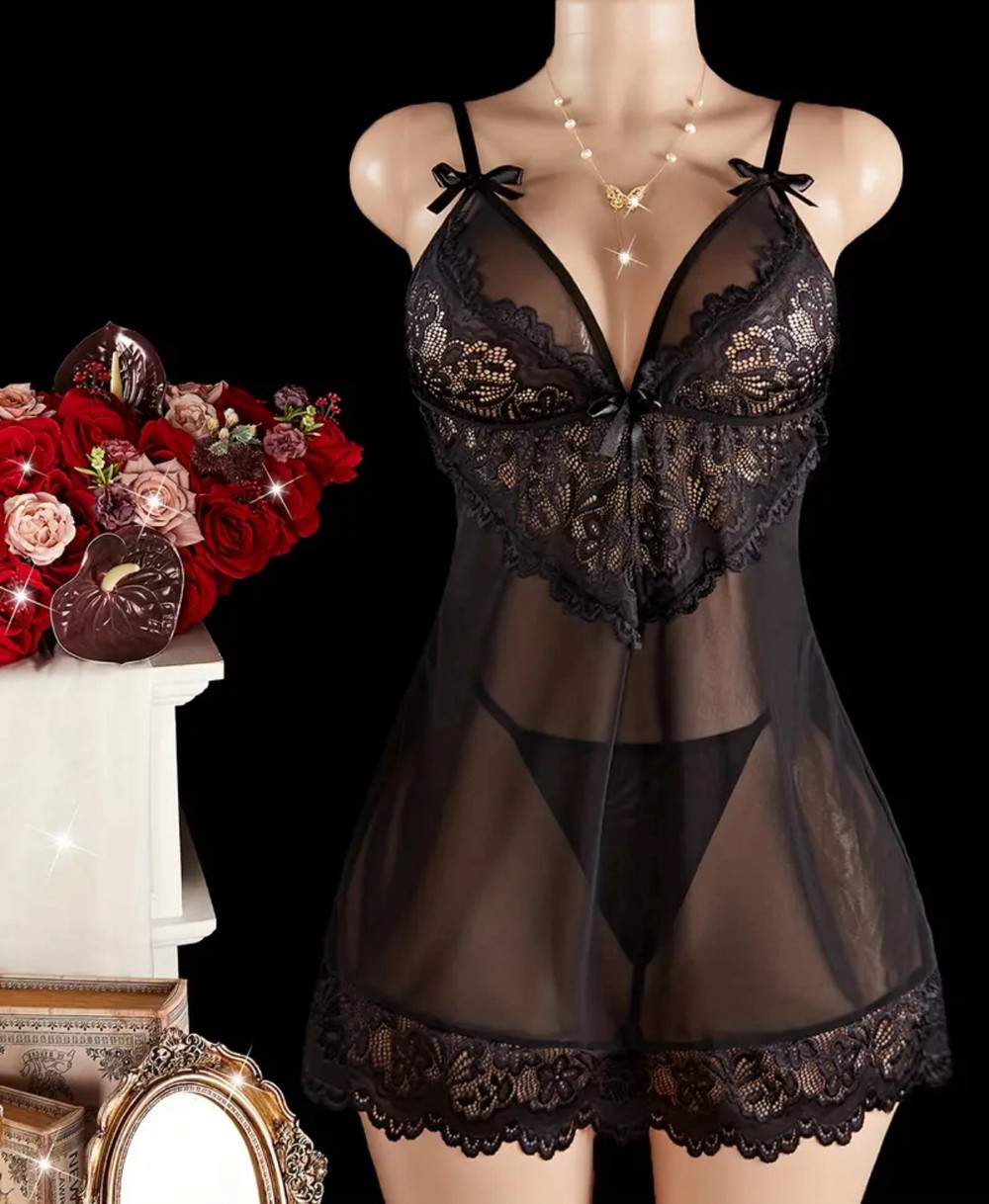 Пеньюар із напівпрозорим ліфом (р.XL, чорний)