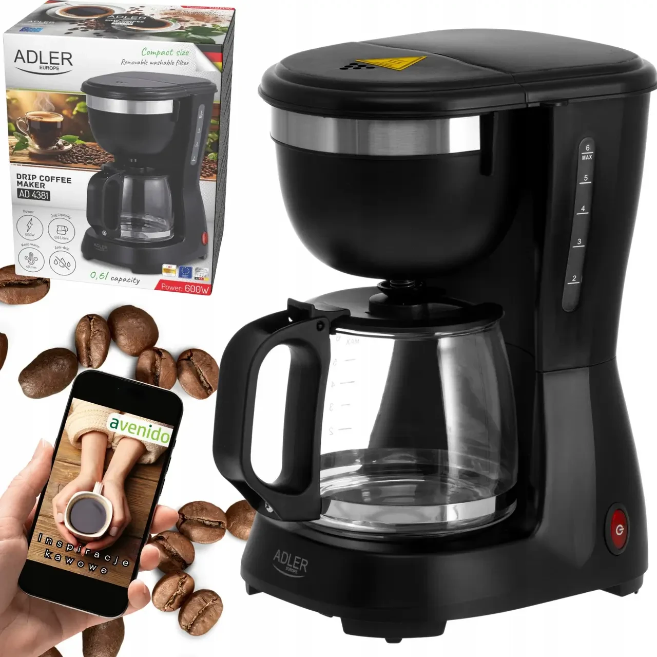 Крапельна кавоварка Adler AD 4381, 0,6 л (4–6 чашок), 600 Вт, чорна, фото 1
