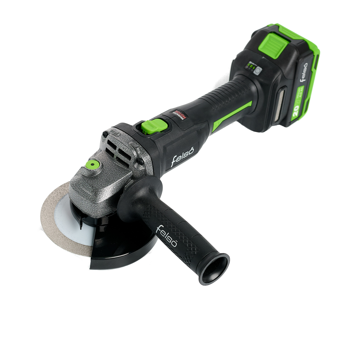 Потужна кутова безщіткова шліфмашина FELSO GC2040BL : з АКБ 20V 4 Ah+ЗП, диск 125 мм