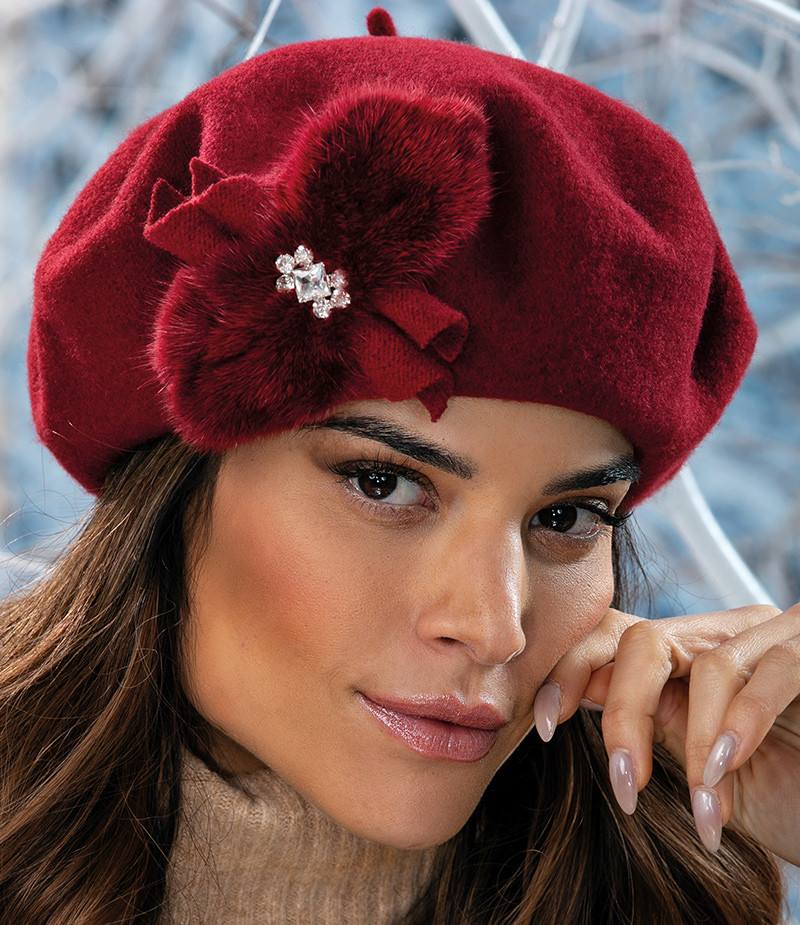 Елегантний жіночий берет Willi Amelfisa з декором з натурального хутра в кольорі вишня., фото 1