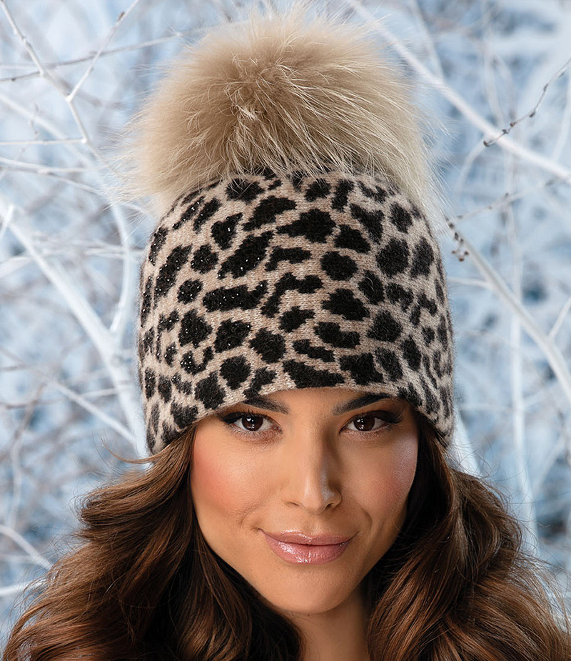Модна польська шапка Willi «Derina», з помпоном із натурального хутра у кольорі крем (принт леопарда)., фото 1