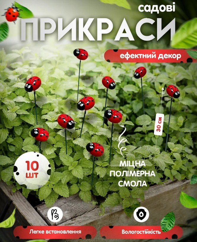 Декор для саду у вигляді жука-сонечка 10 шт, садові прикраси з міцної полімерної смоли 10 шт, фото 1