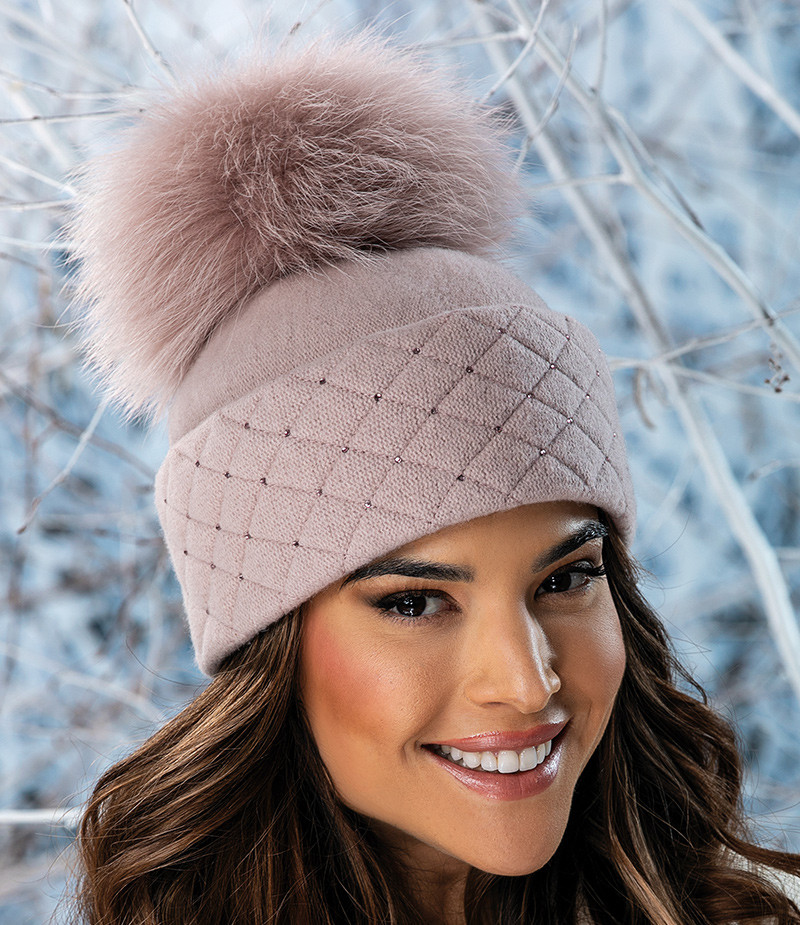 Елегантна жіноча шапка з помпоном Willi "Janeta" з високою манжетою у кольорі пудра., фото 1
