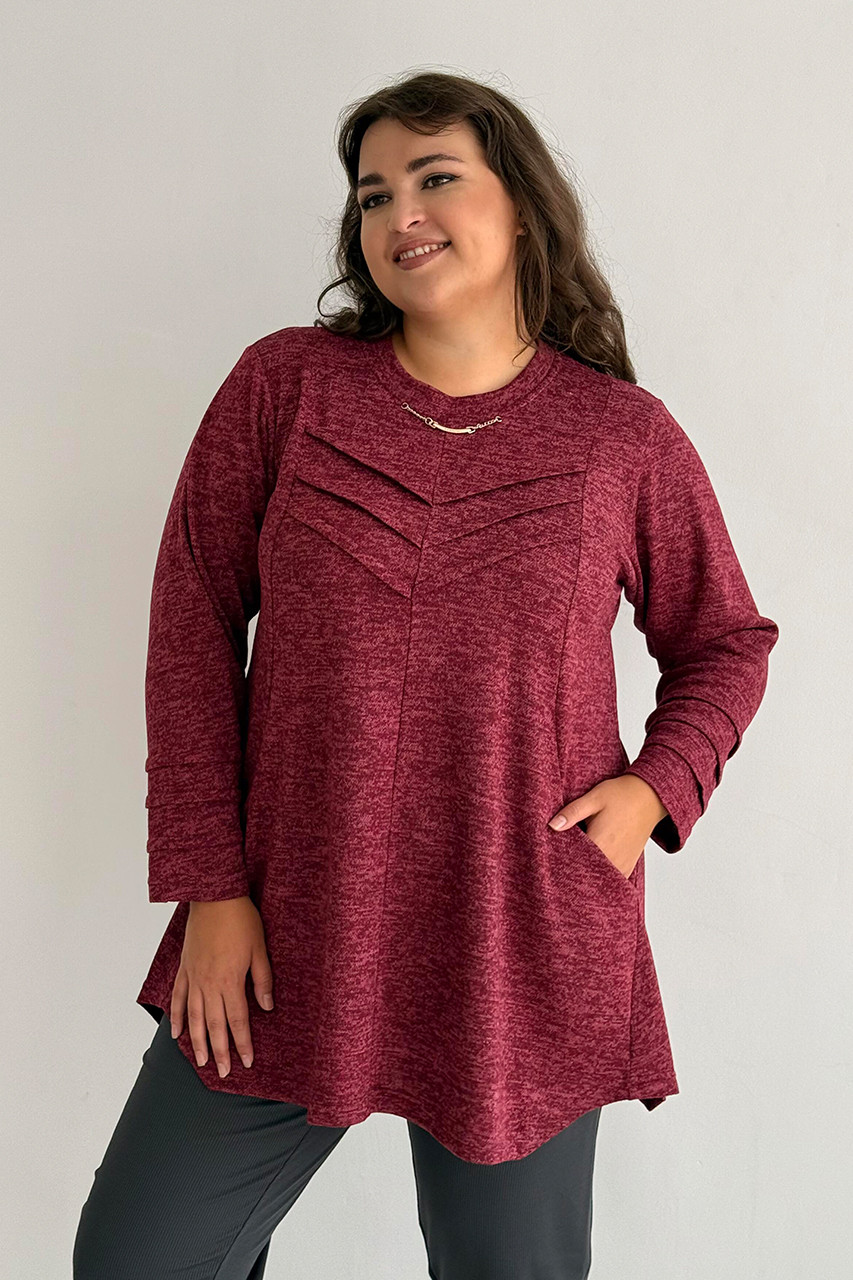 Жіноча туніка батал з м'якого трикотажу з кишенями великі розміри 52-66 вишнева