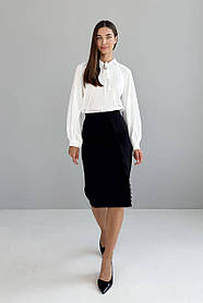 Спідниця жіноча класична олівець з мереживом та декоративною збіркою 44-50 разміри чорна