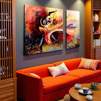 Картина Абстракція Двоє танцюють Пара кохання акварельний малюнок Друк на полотні 100х60 з 2-х частин