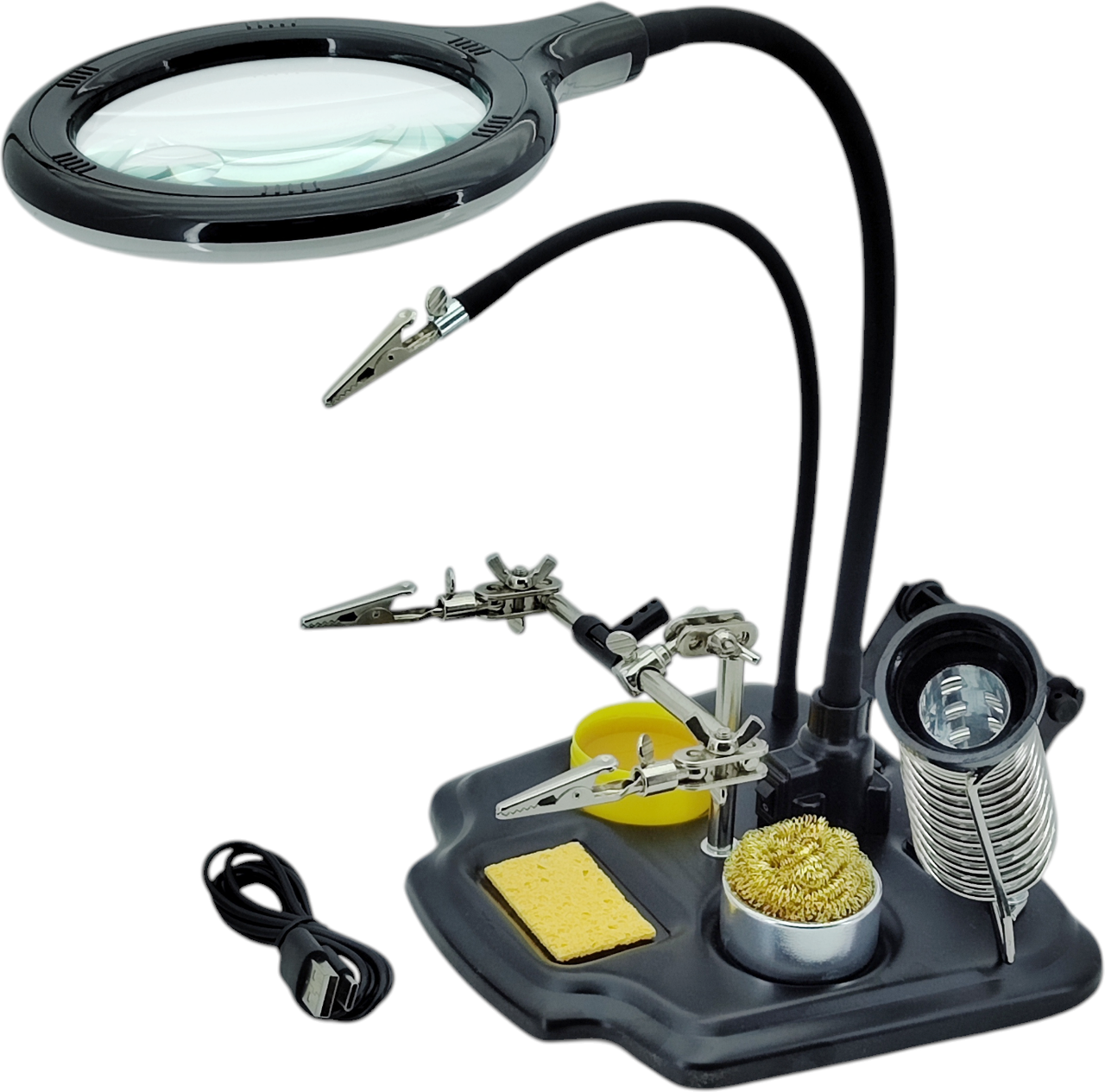 Третя рука ZD-10Y USB тримач для плат із лупою 100 мм, 3X, підставкою для паяльника, "крокодилами" і