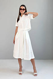 Спідниця жіноча сонце-кльош нижче колін з мереживом і кишенями 44-50 разміри молочна