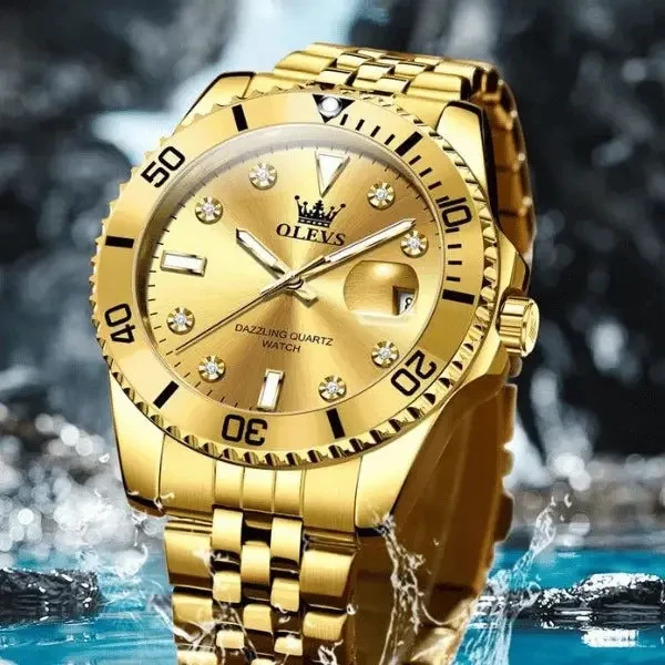 Годинник чоловічий Olevs 9809 Gold преміум класу, золотий корпус, кварцовий механізм, водозахист, фото 1