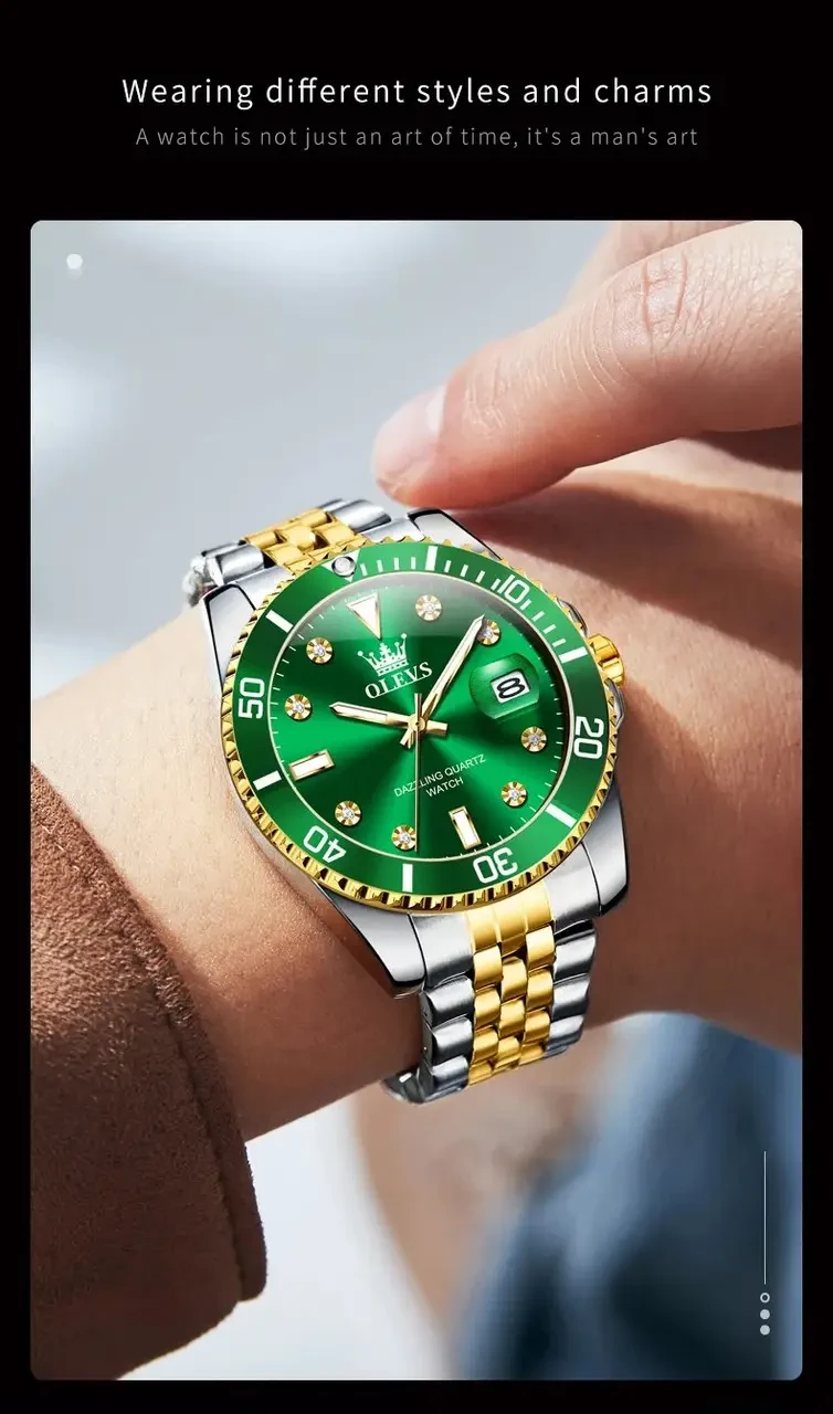 Годинник Olevs 9809 Green Accents чоловічий кварцовий годинник з підсвіткою і датою, водонепроникний стильний аксесуар, фото 1