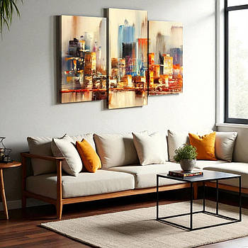 Картина Абстракція Акварельне місто Стильний декор для сучасного інтер'єру 90х70 із 3-х частин