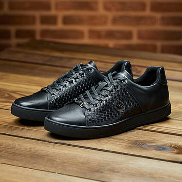 Чоловічі шкіряні кросівки демісезонні чорні кеди (натуральна шкіра), батали весна-осінь для чоловіків, великі розміри 46 47 48