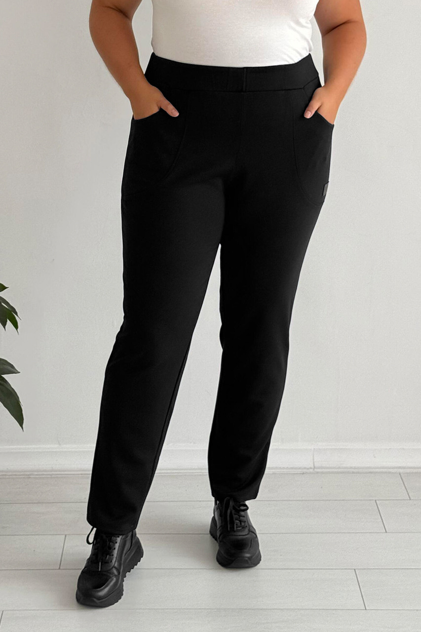 Жіночі штани великих розмірів трикотаж щільний без застібок з кишенями прямі чорні