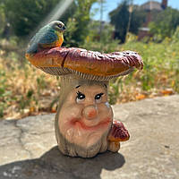 Садова фігура Гриби з пташкою з полістоуну (21×20×20 см), декоративна статуетка для саду та дому