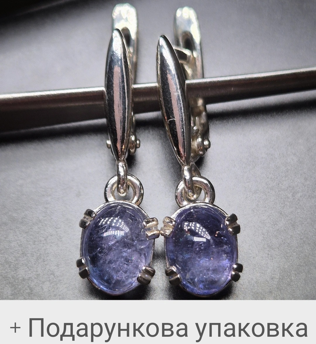 Срібні сережки жіночі з натуральними каменями танзанітами Сережки ручної роботи, фото 1