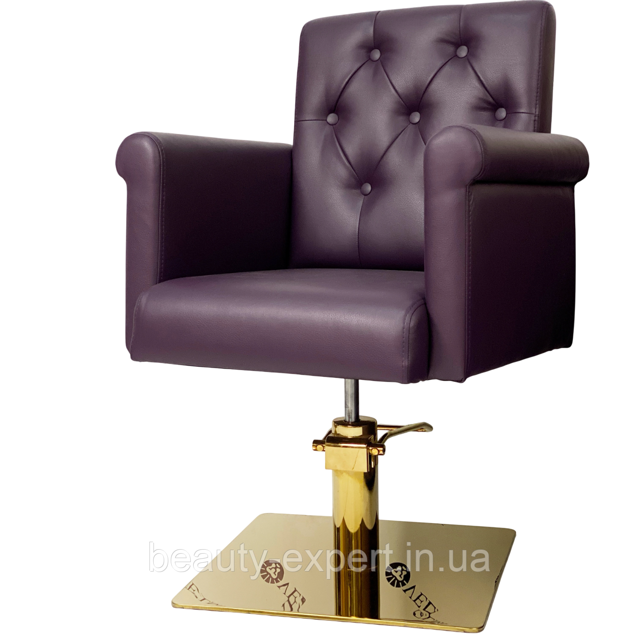 Крісло перукарське на ГІДРАВЛІЦІ MENSON Dark Orchid на квадратній базі Gold VM873 GK, фото 1